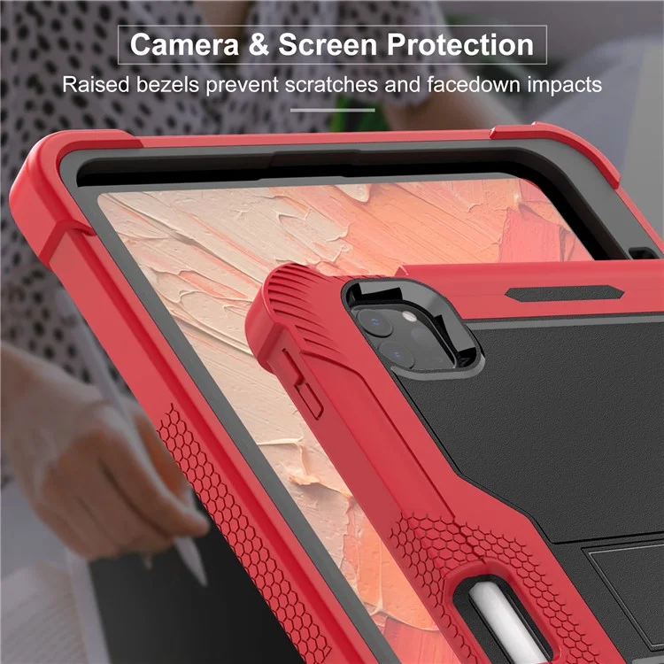 Per iPad Pro 11 (2024) Custodia in PC rigido e silicone morbido Custodia per tablet con supporto per supporto - Rosso+Nero