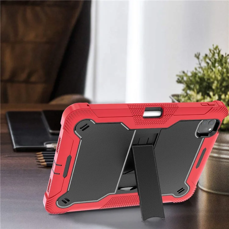 Per iPad Pro 11 (2024) Custodia in PC rigido e silicone morbido Custodia per tablet con supporto per supporto - Rosso+Nero
