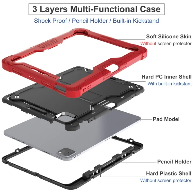 Per iPad Pro 11 (2024) Custodia in PC rigido e silicone morbido Custodia per tablet con supporto per supporto - Rosso+Nero