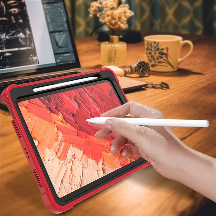 Per iPad Pro 11 (2024) Custodia in PC rigido e silicone morbido Custodia per tablet con supporto per supporto - Rosso+Nero