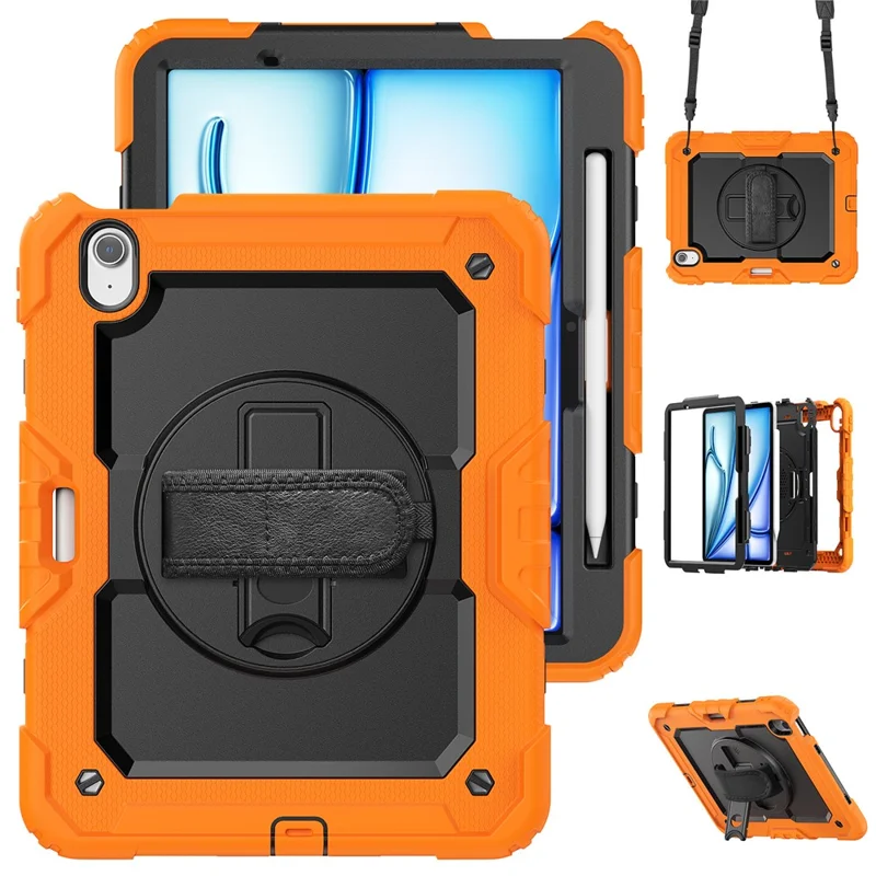 For iPad Air 11 (2025) / (2024) Case Rotating Kickstand PC+Silicone Tablet Cover with Screen Film / Shoulder Strap - Orange
