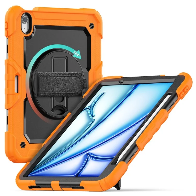 For iPad Air 11 (2025) / (2024) Case Rotating Kickstand PC+Silicone Tablet Cover with Screen Film / Shoulder Strap - Orange