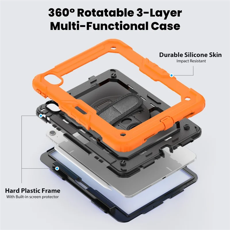 For iPad Air 11 (2025) / (2024) Case Rotating Kickstand PC+Silicone Tablet Cover with Screen Film / Shoulder Strap - Orange