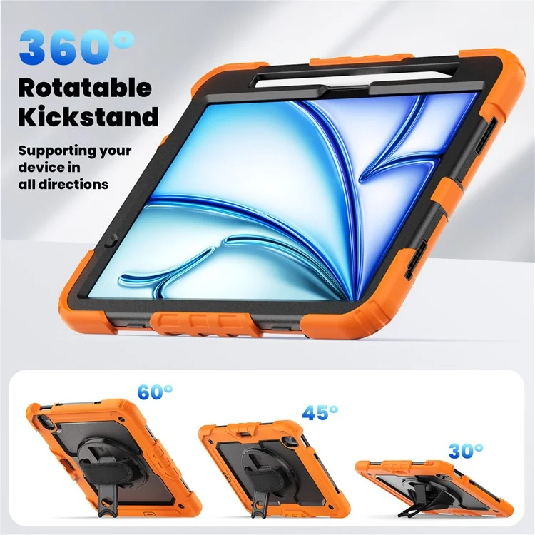 For iPad Air 11 (2025) / (2024) Case Rotating Kickstand PC+Silicone Tablet Cover with Screen Film / Shoulder Strap - Orange