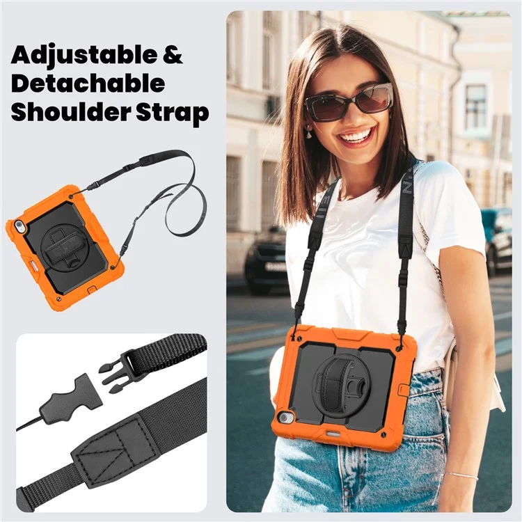 For iPad Air 11 (2025) / (2024) Case Rotating Kickstand PC+Silicone Tablet Cover with Screen Film / Shoulder Strap - Orange