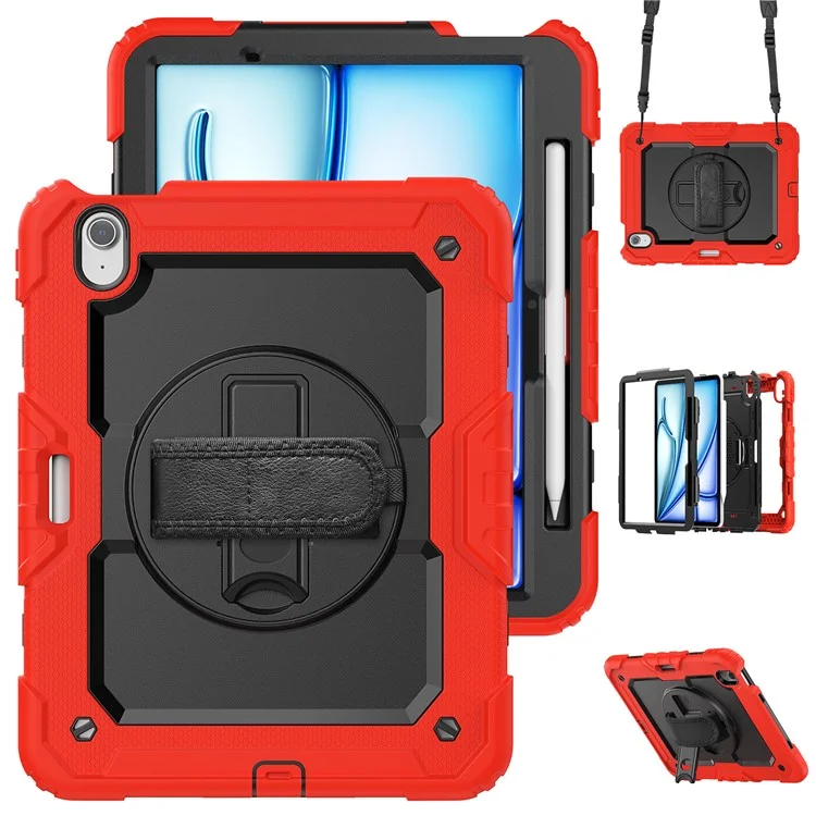 Per iPad Air 11 (2024) Custodia Rotante Kickstand PC+Silicone Custodia Tablet con Pellicola Schermo / Cinghia per Spalla - Rosso