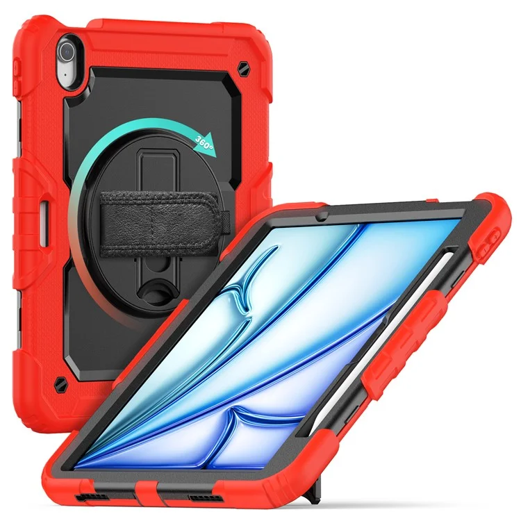Per iPad Air 11 (2024) Custodia Rotante Kickstand PC+Silicone Custodia Tablet con Pellicola Schermo / Cinghia per Spalla - Rosso