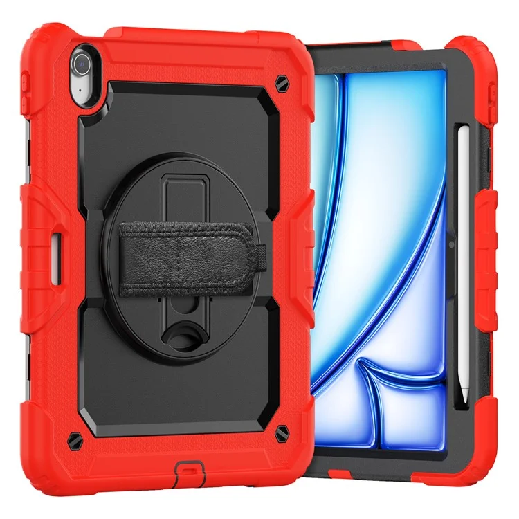 Per iPad Air 11 (2024) Custodia Rotante Kickstand PC+Silicone Custodia Tablet con Pellicola Schermo / Cinghia per Spalla - Rosso