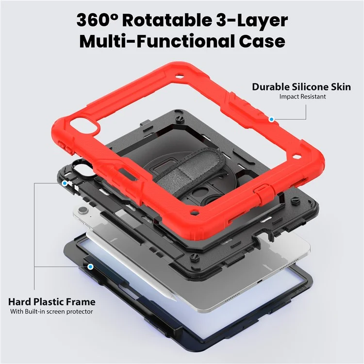 Per iPad Air 11 (2024) Custodia Rotante Kickstand PC+Silicone Custodia Tablet con Pellicola Schermo / Cinghia per Spalla - Rosso
