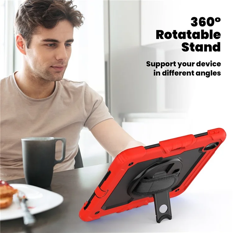 Per iPad Air 11 (2024) Custodia Rotante Kickstand PC+Silicone Custodia Tablet con Pellicola Schermo / Cinghia per Spalla - Rosso