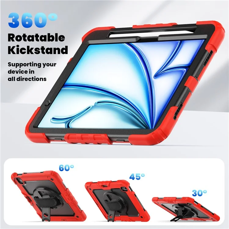 Per iPad Air 11 (2024) Custodia Rotante Kickstand PC+Silicone Custodia Tablet con Pellicola Schermo / Cinghia per Spalla - Rosso