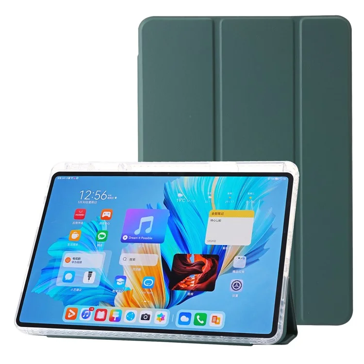 Para Huawei MatePad 11.5 S Case Tri-Fold Stand PU Leather+TPU+Clear Acrylic Tablet Cover - Blackish Green