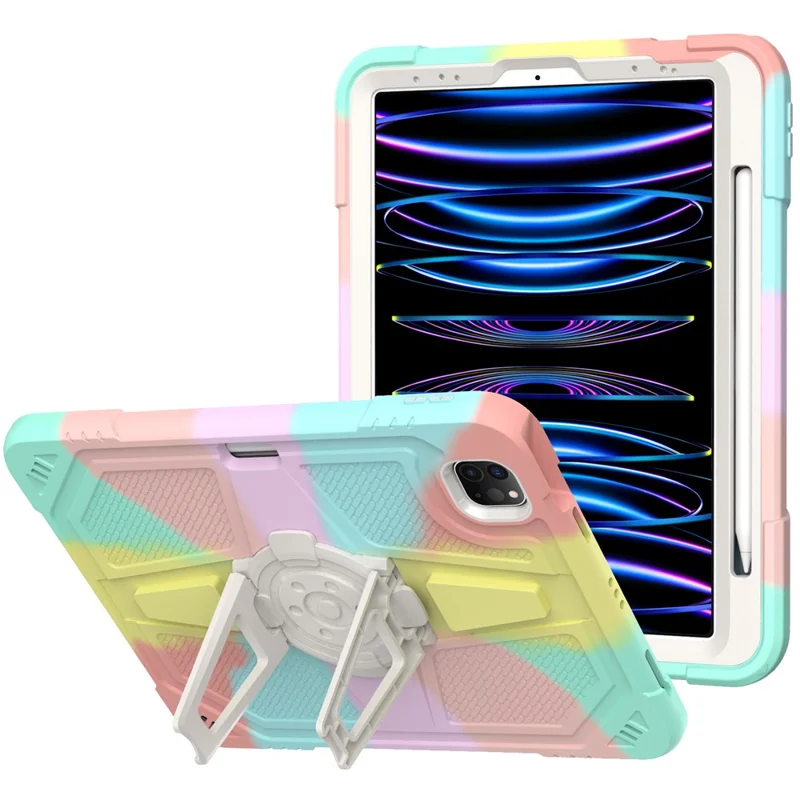 Para iPad Pro 11 polegadas (2018) / (2020) / (2021) / (2022) / Air (2020) / (2022) Capa PC + Silicone Kickstand Capa Tablet com Slot de Caneta - Multicolorida