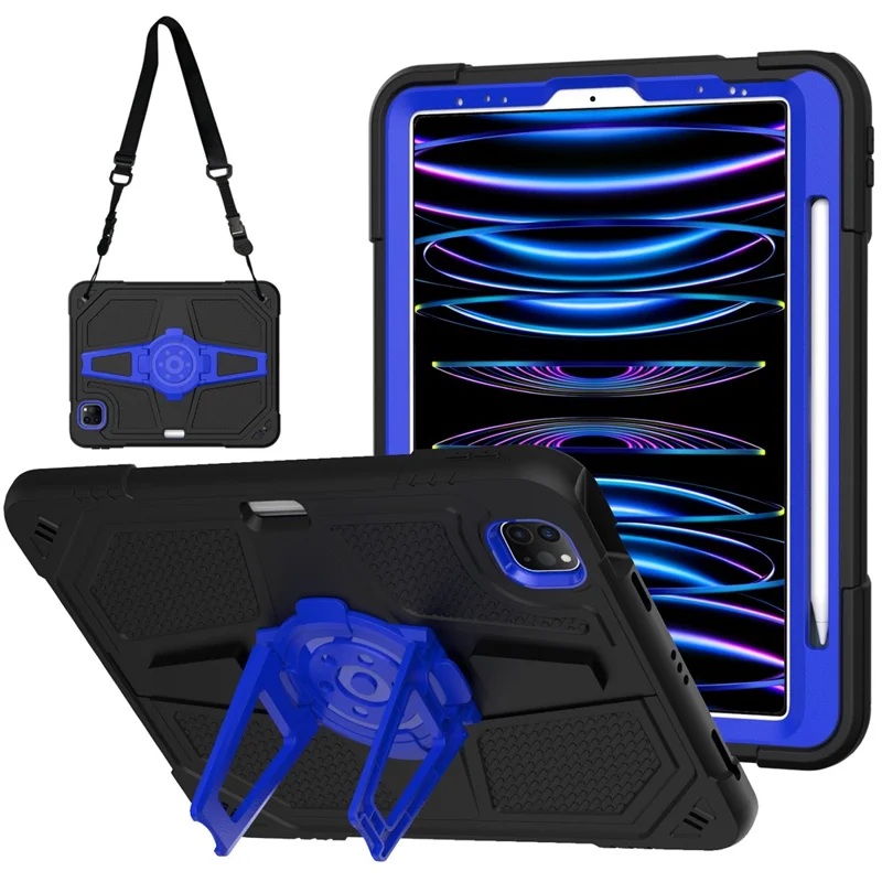 Para iPad Pro 11 polegadas (2018) / (2020) / (2021) / (2022) / Air (2020) / (2022) Capa com Alça, Capa para Tablet de PC + Silicone com Suporte - Preto / Azul