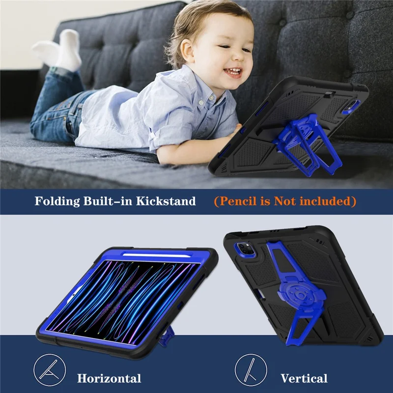 Para iPad Pro 11 polegadas (2018) / (2020) / (2021) / (2022) / Air (2020) / (2022) Capa com Alça, Capa para Tablet de PC + Silicone com Suporte - Preto / Azul