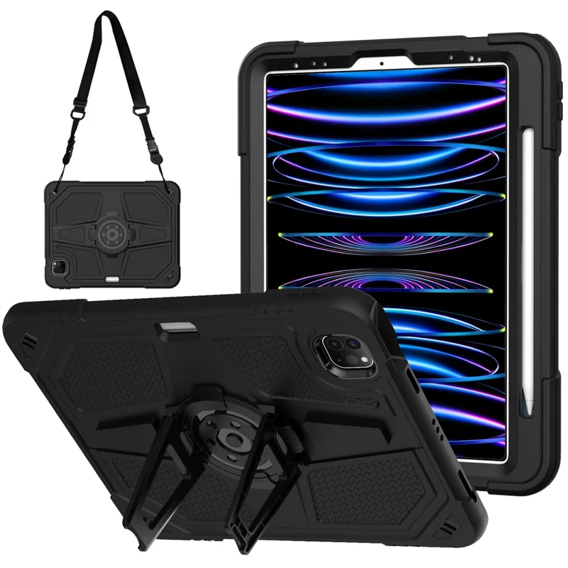For iPad Pro 11-inch (2018) / (2020) / (2021) / (2022) / Air (2020) / (2022) Case with Strap, PC + Silicone Kickstand Tablet Cover - Black