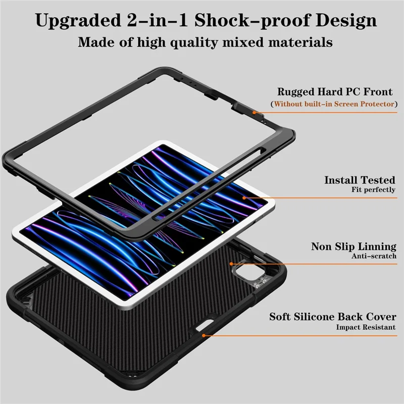 For iPad Pro 11-inch (2018) / (2020) / (2021) / (2022) / Air (2020) / (2022) Case with Strap, PC + Silicone Kickstand Tablet Cover - Black