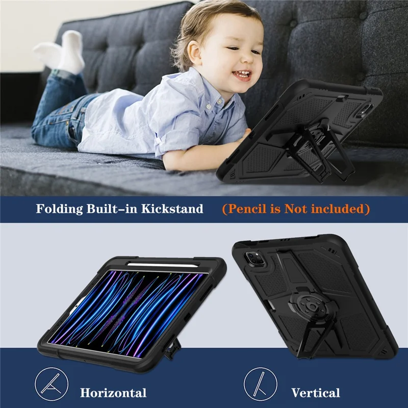 For iPad Pro 11-inch (2018) / (2020) / (2021) / (2022) / Air (2020) / (2022) Case with Strap, PC + Silicone Kickstand Tablet Cover - Black