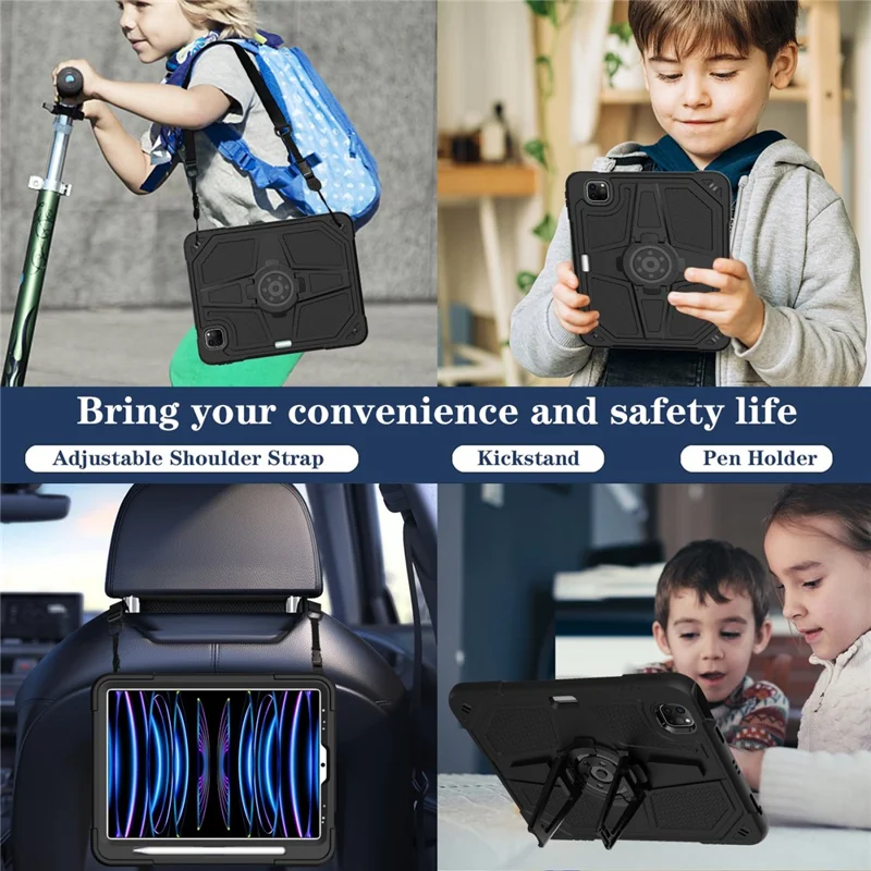 For iPad Pro 11-inch (2018) / (2020) / (2021) / (2022) / Air (2020) / (2022) Case with Strap, PC + Silicone Kickstand Tablet Cover - Black