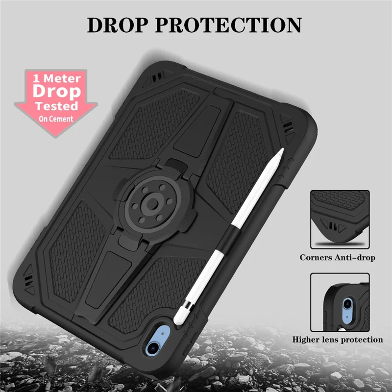 For iPad (2025) / 10.9 (2022) Kickstand Case Shockproof PC + Silicone Tablet Cover with Pen Slot - Black