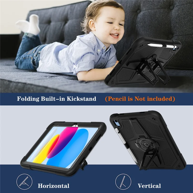 For iPad (2025) / 10.9 (2022) Kickstand Case Shockproof PC + Silicone Tablet Cover with Pen Slot - Black