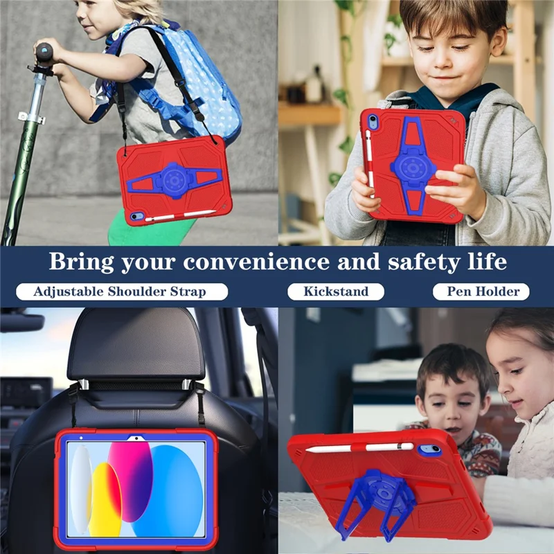 For iPad (2025) / 10.9 (2022) Case Punk Kickstand PC + Silicone Tablet Cover with Shoulder Strap - Red / Blue