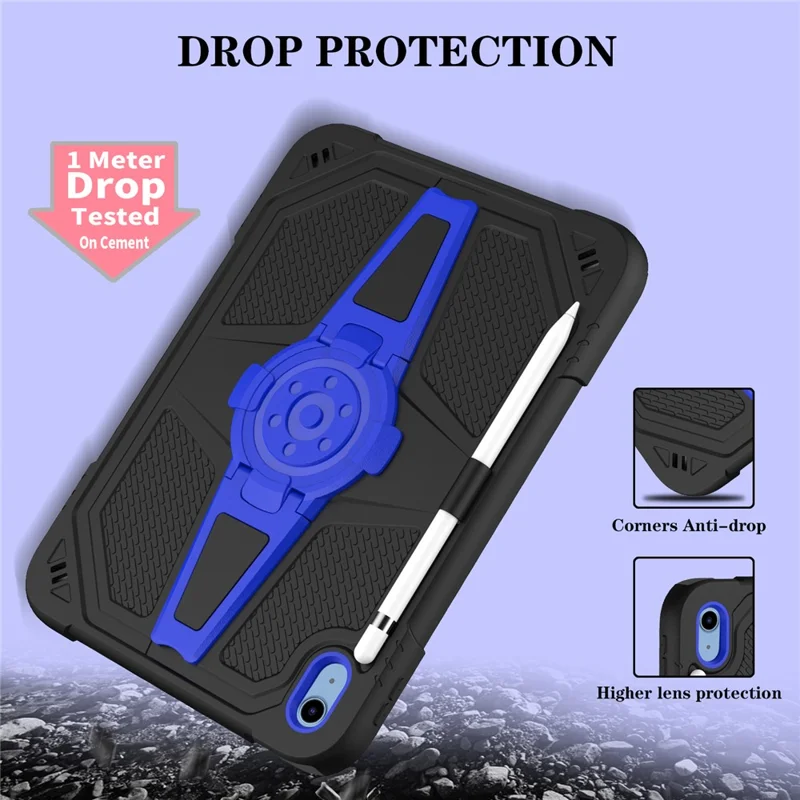 For iPad (2025) / 10.9 (2022) Case Punk Kickstand PC + Silicone Tablet Cover with Shoulder Strap - Black / Blue