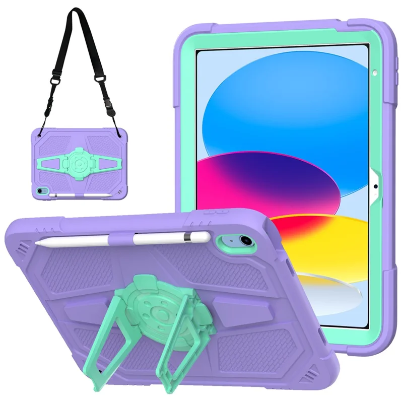 For iPad (2025) / 10.9 (2022) Case Punk Kickstand PC + Silicone Tablet Cover with Shoulder Strap - Purple