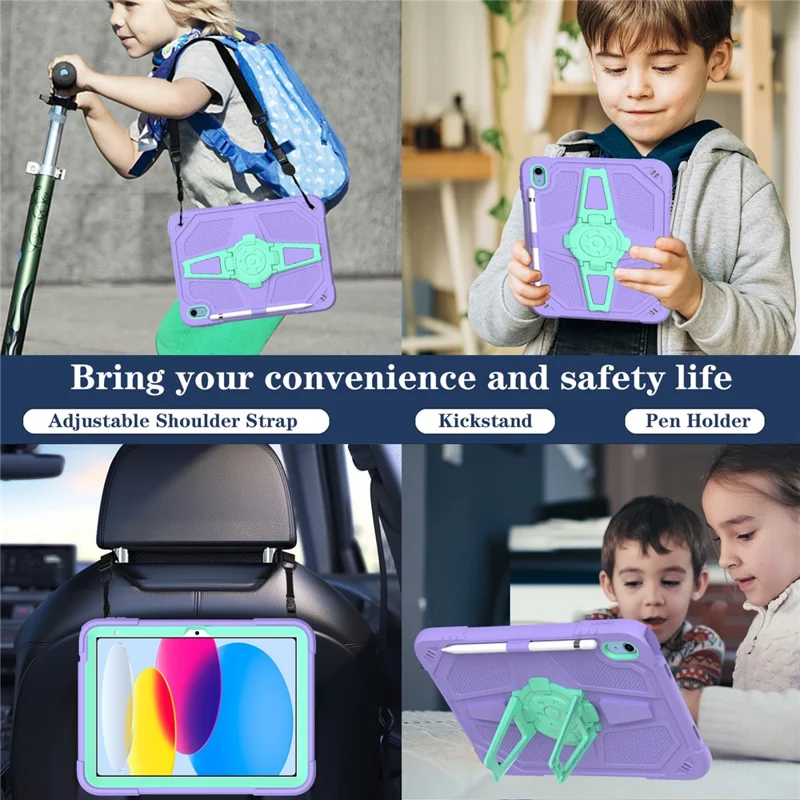 For iPad (2025) / 10.9 (2022) Case Punk Kickstand PC + Silicone Tablet Cover with Shoulder Strap - Purple