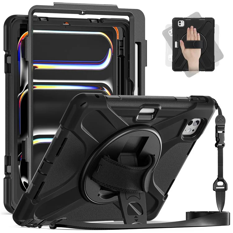 Per iPad Pro 11 (2024) Custodia in PC+Silicone con Supporto, Copertura Tablet con Cinturino per Mano e Tracolla - Nero
