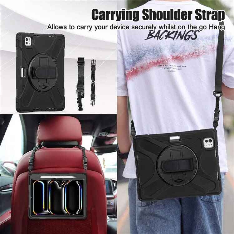 Per iPad Pro 11 (2024) Custodia in PC+Silicone con Supporto, Copertura Tablet con Cinturino per Mano e Tracolla - Nero