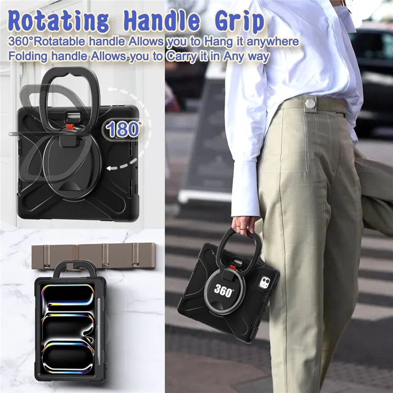 For iPad Pro 11 (2025) / 11 (2024) Shockproof Case Rotating Kickstand PC+Silicone Tablet Cover - Black