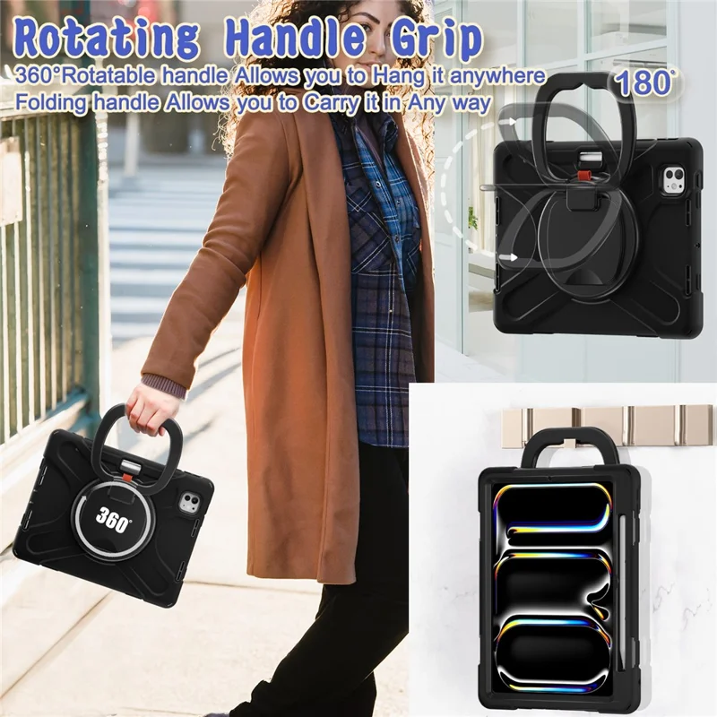 For iPad Pro 11 (2025) / 11 (2024) Shockproof Case Rotating Kickstand PC+Silicone Tablet Cover - Black