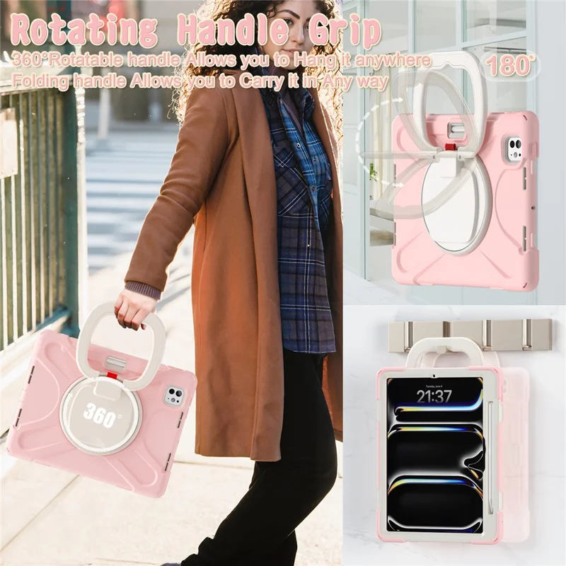 For iPad Pro 11 (2025) / 11 (2024) Shockproof Case Rotating Kickstand TPU+PC+Silicone Tablet Cover - Pink