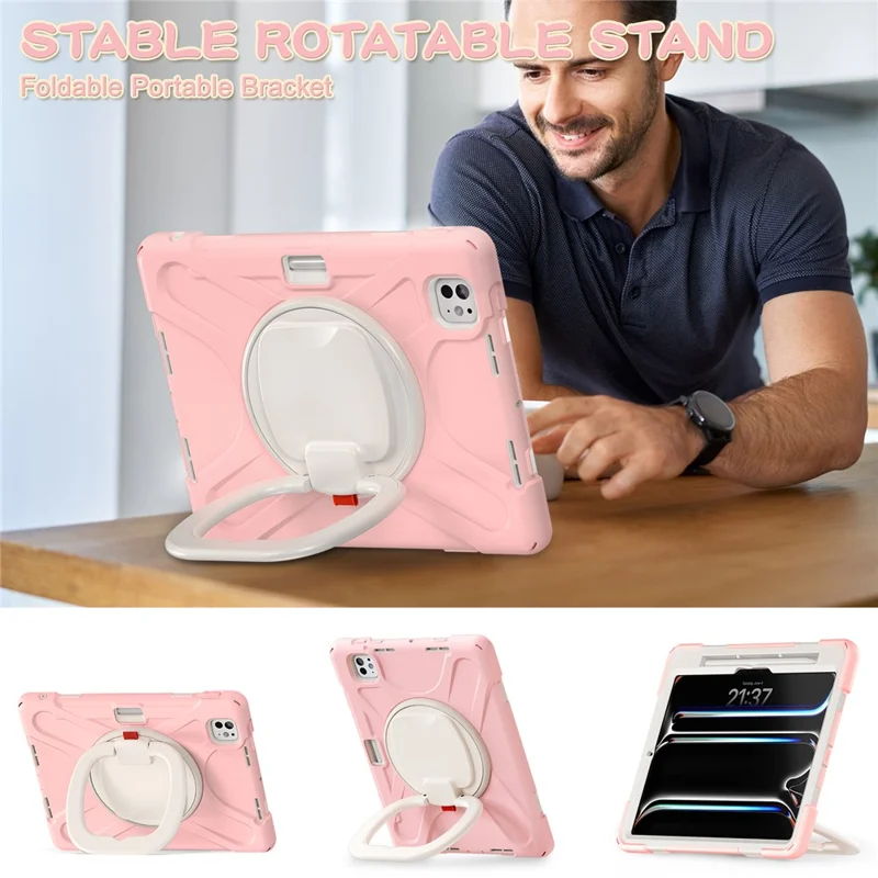 For iPad Pro 11 (2025) / 11 (2024) Shockproof Case Rotating Kickstand TPU+PC+Silicone Tablet Cover - Pink