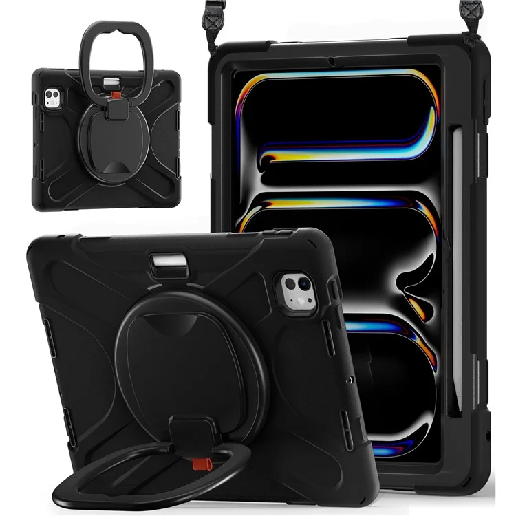 Para iPad Pro 11 (2024) Capa Suporte PC+Silicone Capa Tablet com Alça de Ombro - Preto