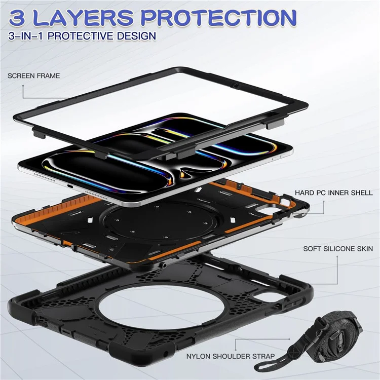 Para iPad Pro 11 (2024) Capa Suporte PC+Silicone Capa Tablet com Alça de Ombro - Preto