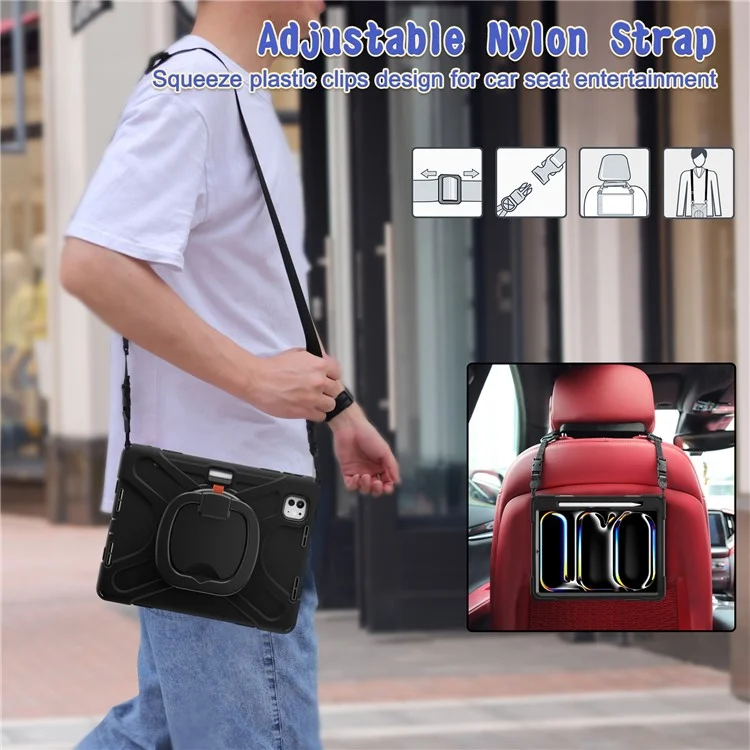 Para iPad Pro 11 (2024) Capa Suporte PC+Silicone Capa Tablet com Alça de Ombro - Preto
