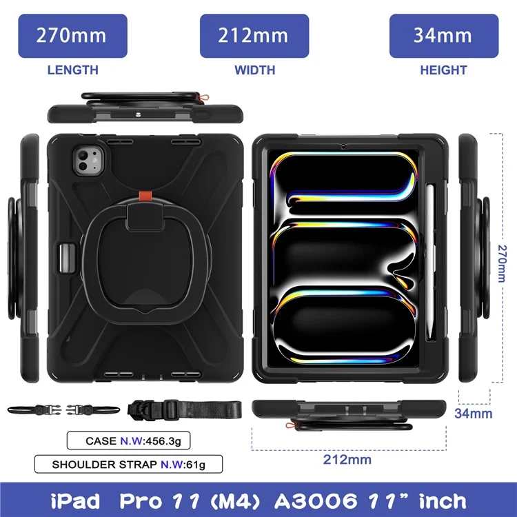 Para iPad Pro 11 (2024) Capa Suporte PC+Silicone Capa Tablet com Alça de Ombro - Preto
