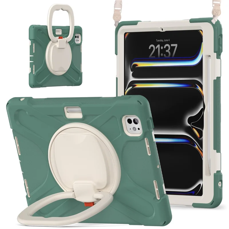 For iPad Pro 11 (2025) / 11 (2024) Case Kickstand TPU+PC+Silicone Tablet Cover with Shoulder Strap - Emerald Green