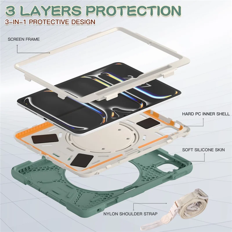 For iPad Pro 11 (2025) / 11 (2024) Case Kickstand TPU+PC+Silicone Tablet Cover with Shoulder Strap - Emerald Green