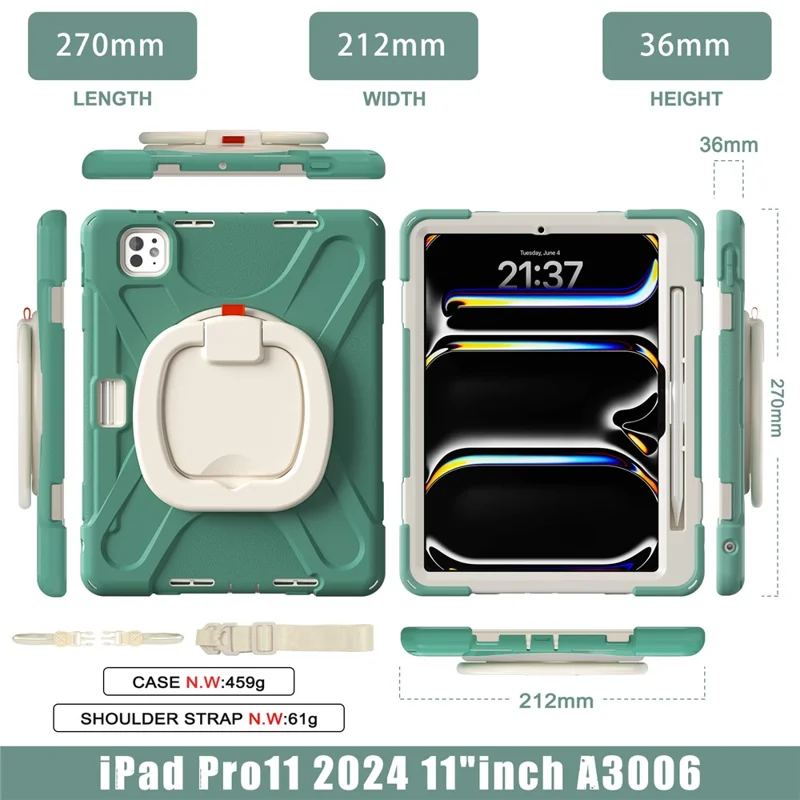 For iPad Pro 11 (2025) / 11 (2024) Case Kickstand TPU+PC+Silicone Tablet Cover with Shoulder Strap - Emerald Green