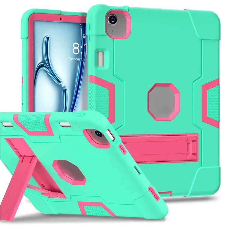 For iPad Air 11 (2025) / (2024) Case Robot Style Silicone+PC Anti-Drop Tablet Cover with Kickstand - Mint Green  /  Rose