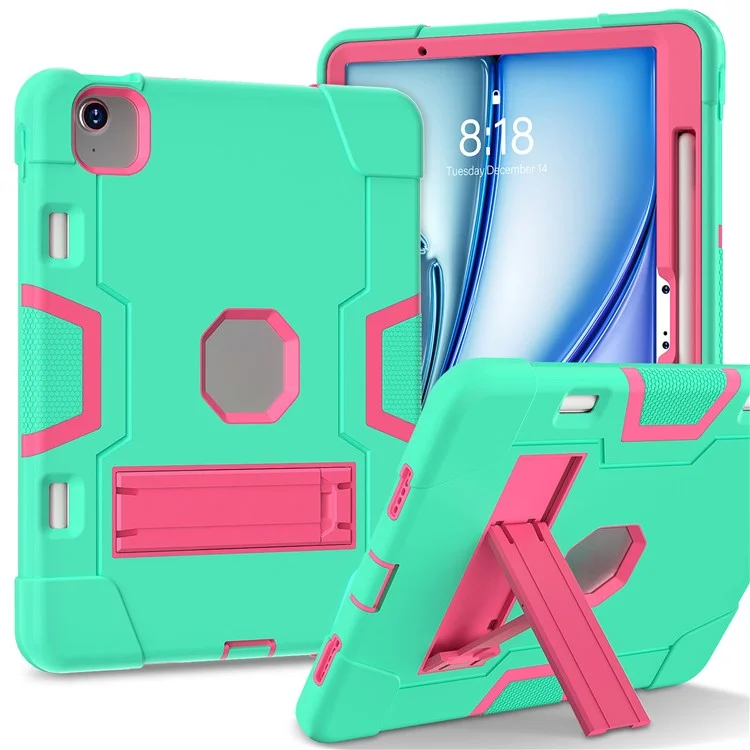 For iPad Air 11 (2025) / (2024) Case Robot Style Silicone+PC Anti-Drop Tablet Cover with Kickstand - Mint Green  /  Rose