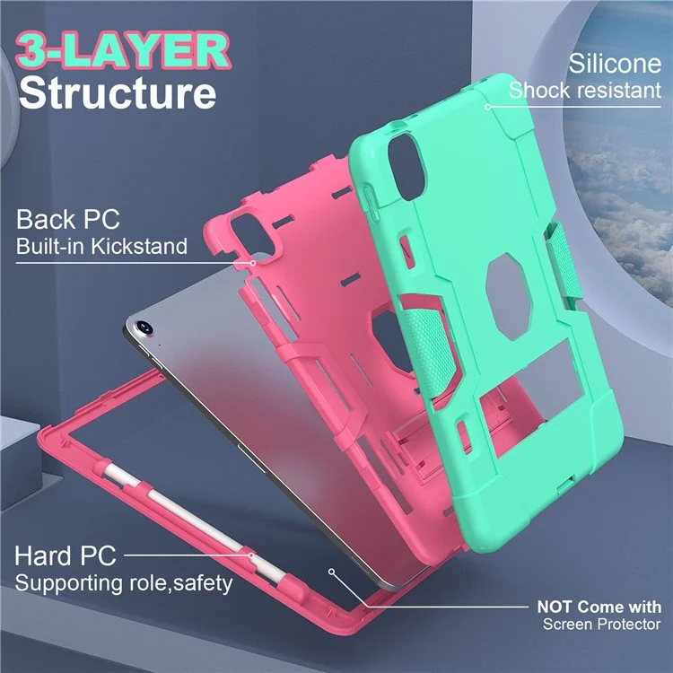 For iPad Air 11 (2025) / (2024) Case Robot Style Silicone+PC Anti-Drop Tablet Cover with Kickstand - Mint Green  /  Rose
