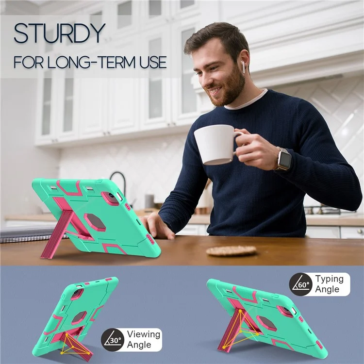 For iPad Air 11 (2025) / (2024) Case Robot Style Silicone+PC Anti-Drop Tablet Cover with Kickstand - Mint Green  /  Rose