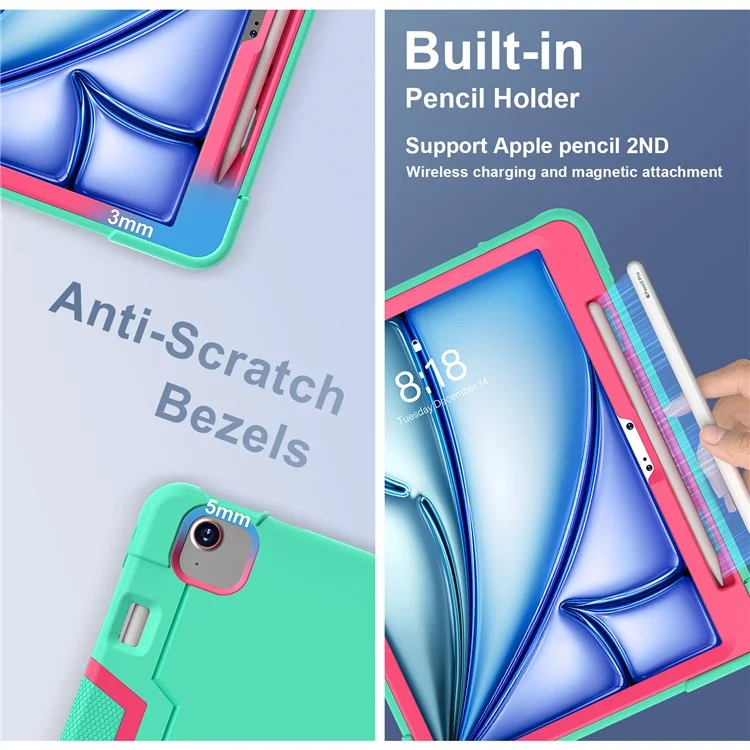 For iPad Air 11 (2025) / (2024) Case Robot Style Silicone+PC Anti-Drop Tablet Cover with Kickstand - Mint Green  /  Rose