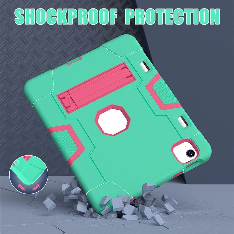 For iPad Air 11 (2025) / (2024) Case Robot Style Silicone+PC Anti-Drop Tablet Cover with Kickstand - Mint Green  /  Rose