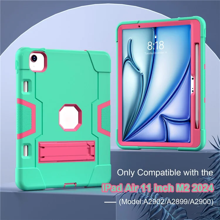 For iPad Air 11 (2025) / (2024) Case Robot Style Silicone+PC Anti-Drop Tablet Cover with Kickstand - Mint Green  /  Rose