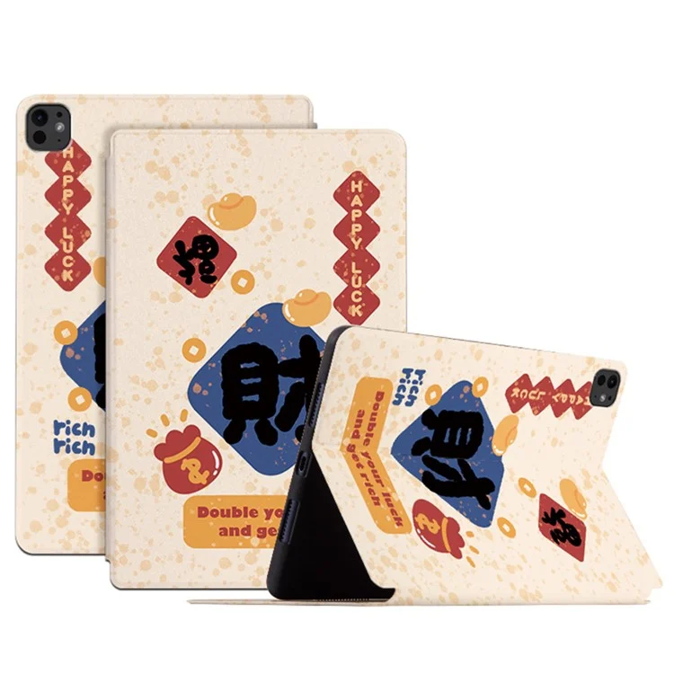 Per iPad Pro 11 (2024) Custodia Joyous Pattern PU Leather Custodia Tablet Auto Wake / Sleep - Happy Luck